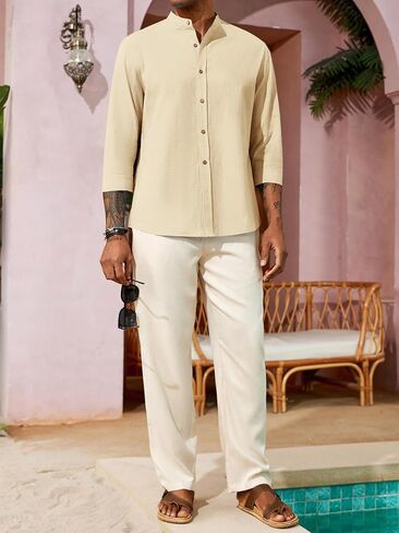 Runcati Mens Casual Linen Shirts 3/4 Sleeve Button Down Banded Collar Summer Beach Shirt in Saudi Arabia