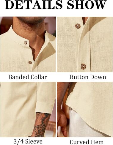 Runcati Mens Casual Linen Shirts 3/4 Sleeve Button Down Banded Collar Summer Beach Shirt in Saudi Arabia