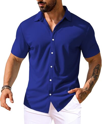 قمصان ثي العضلات الخاصة بالرجال Urru Men Serts Stressed Button Button Button Down Down Trinkle قميص فستان ضئيل نحيف للرجال in Kuwait