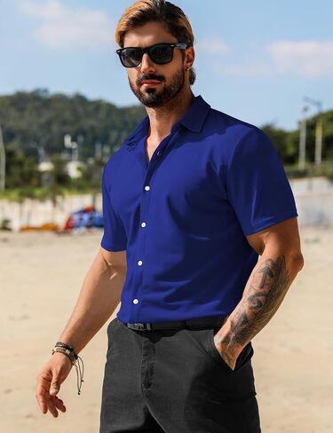 قمصان ثي العضلات الخاصة بالرجال Urru Men Serts Stressed Button Button Button Down Down Trinkle قميص فستان ضئيل نحيف للرجال in Kuwait