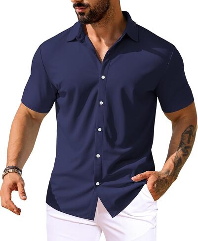 قمصان ثي العضلات الخاصة بالرجال Urru Men Serts Stressed Button Button Button Down Down Trinkle قميص فستان ضئيل نحيف للرجال in Kuwait