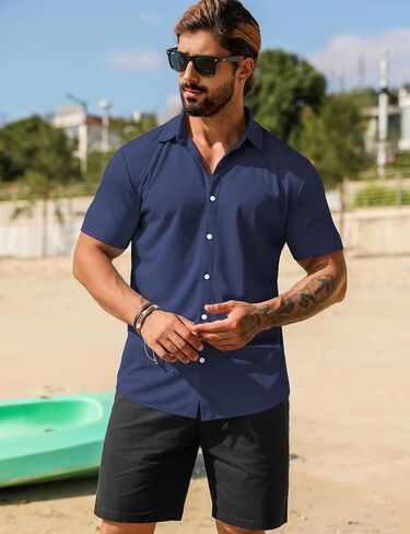 قمصان ثي العضلات الخاصة بالرجال Urru Men Serts Stressed Button Button Button Down Down Trinkle قميص فستان ضئيل نحيف للرجال in Kuwait