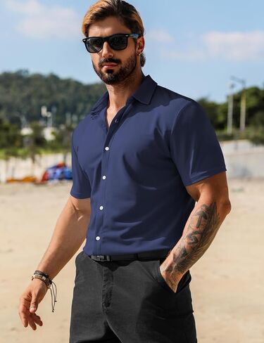 قمصان ثي العضلات الخاصة بالرجال Urru Men Serts Stressed Button Button Button Down Down Trinkle قميص فستان ضئيل نحيف للرجال in Kuwait