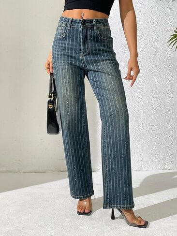 heipeiwa Women's Stripes Rhinestone Jeans High Waist Wide Leg Denim Pants Sparkle Shiny Sequin Trouser in Kuwait