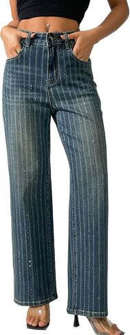 heipeiwa Women's Stripes Rhinestone Jeans High Waist Wide Leg Denim Pants Sparkle Shiny Sequin Trouser in Kuwait