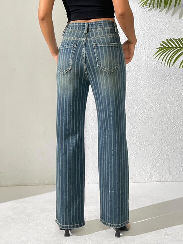heipeiwa Women's Stripes Rhinestone Jeans High Waist Wide Leg Denim Pants Sparkle Shiny Sequin Trouser in Kuwait