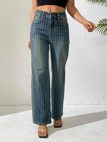 heipeiwa Women's Stripes Rhinestone Jeans High Waist Wide Leg Denim Pants Sparkle Shiny Sequin Trouser in Kuwait