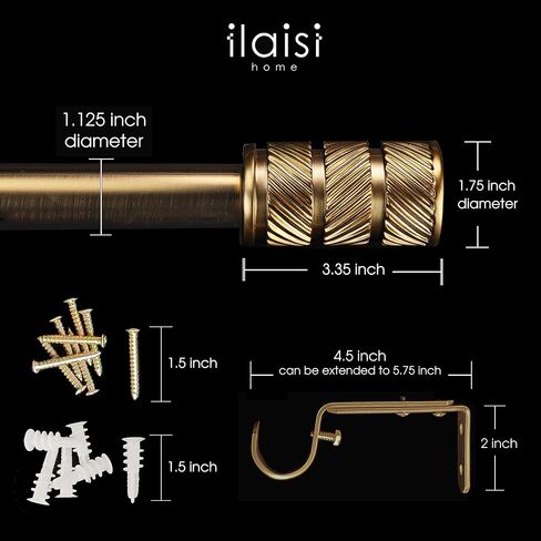 1-1/8 Inch Diameter Antique Gold Curtain Rods with Knurl Design Finial, 36-72 inch Telescoping Single Curtain Rods for window width 24-68 inch, 1 pack in Kuwait