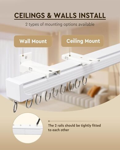 Ceiling Curtain Track Set, Ceiling or Wall Mount 9ft - 12ft, Aluminum Heavy-Duty Curtain Rails, Room Divider Curtain Track for Bedroom, With Silent Slide, Clips and Hooks，White in Saudi Arabia