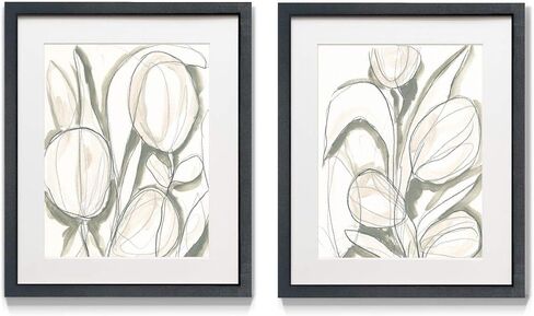 Renditions Gallery Watercolor Leaves 2 Piece Framed Artwork Set, Orange, Blue, Pink Floral, Modern Abstract Art, Black Matte Frame, White Mat, Plexiglass, 16 In W X 20 In H, Made in America in Saudi Arabia