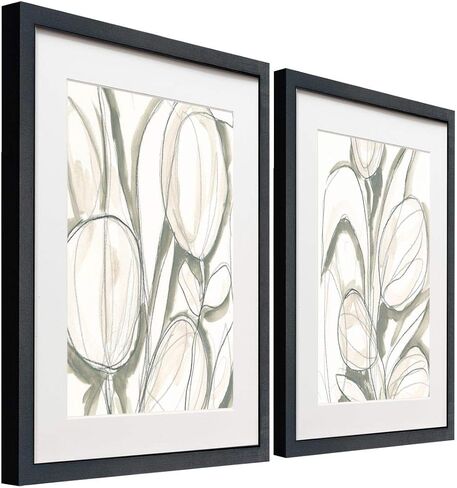 Renditions Gallery Watercolor Leaves 2 Piece Framed Artwork Set, Orange, Blue, Pink Floral, Modern Abstract Art, Black Matte Frame, White Mat, Plexiglass, 16 In W X 20 In H, Made in America in Saudi Arabia