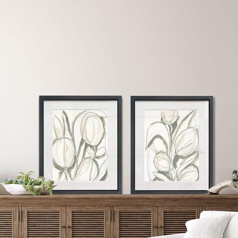 Renditions Gallery Watercolor Leaves 2 Piece Framed Artwork Set, Orange, Blue, Pink Floral, Modern Abstract Art, Black Matte Frame, White Mat, Plexiglass, 16 In W X 20 In H, Made in America in Saudi Arabia
