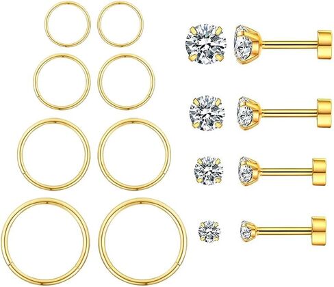 Gold plated earrings and CZ Studs sets | 4pair Septum rings Hinged Clicker Segment Gold Earrings Hoop 6-8-10-12mm 18g（1.0mm）| 4pair cubic zirconia Hypoallergenic Studs 3-4-5-6mm screw back Fashion Surgical Steel | Helix Cartilage Daith Tragus Sleeper Earr in Saudi Arabia