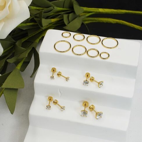 Gold plated earrings and CZ Studs sets | 4pair Septum rings Hinged Clicker Segment Gold Earrings Hoop 6-8-10-12mm 18g（1.0mm）| 4pair cubic zirconia Hypoallergenic Studs 3-4-5-6mm screw back Fashion Surgical Steel | Helix Cartilage Daith Tragus Sleeper Earr in Saudi Arabia