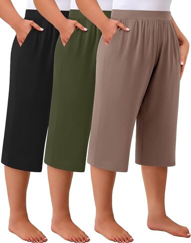 Huukaey 3 Pack Women's Plus Capri Salts ، Cotton Wide Leg Capris Spectupant in Saudi Arabia