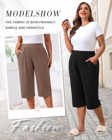 Huukaey 3 Pack Women's Plus Capri Salts ، Cotton Wide Leg Capris Spectupant in Saudi Arabia