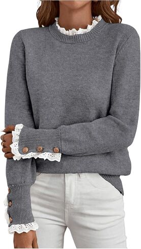 MakeMeChic Women's Crew Neck Ruffle Long Sleeve Sweater Button Knit Pullovers in Saudi Arabia