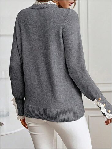 MakeMeChic Women's Crew Neck Ruffle Long Sleeve Sweater Button Knit Pullovers in Saudi Arabia