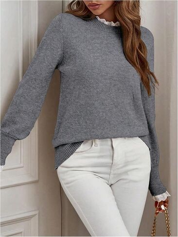 MakeMeChic Women's Crew Neck Ruffle Long Sleeve Sweater Button Knit Pullovers in Saudi Arabia