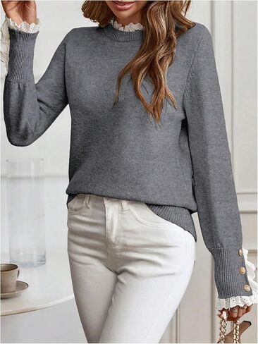 MakeMeChic Women's Crew Neck Ruffle Long Sleeve Sweater Button Knit Pullovers in Saudi Arabia