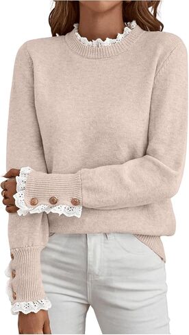 MakeMeChic Women's Crew Neck Ruffle Long Sleeve Sweater Button Knit Pullovers in Saudi Arabia