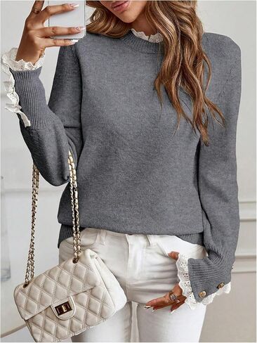 MakeMeChic Women's Crew Neck Ruffle Long Sleeve Sweater Button Knit Pullovers in Saudi Arabia