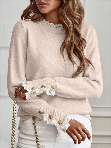 MakeMeChic Women's Crew Neck Ruffle Long Sleeve Sweater Button Knit Pullovers in Saudi Arabia
