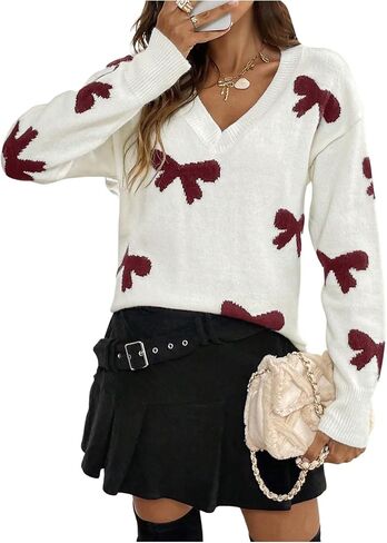 Women's Bow Print Sweaters V Neck Lightweight Sweater Long Sleeve Pullovers Knit Top in Saudi Arabia