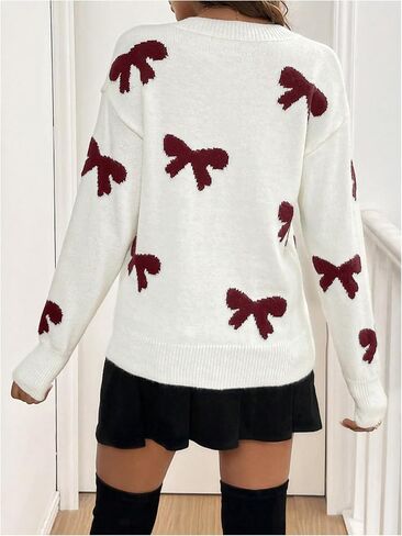 Women's Bow Print Sweaters V Neck Lightweight Sweater Long Sleeve Pullovers Knit Top in Saudi Arabia