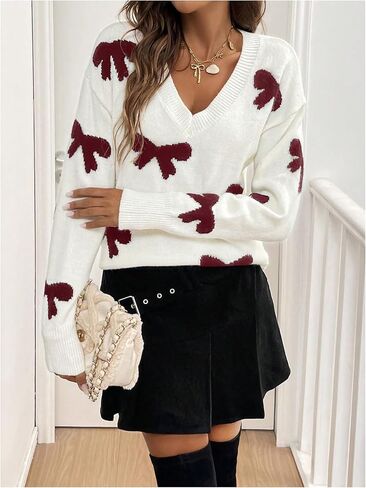 Women's Bow Print Sweaters V Neck Lightweight Sweater Long Sleeve Pullovers Knit Top in Saudi Arabia