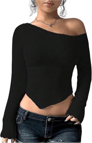 Milumia Women's Long Sleeve Off The Shoulder Sweaters Y2k Asymmetrical Hem Knitted Crop Tops in Saudi Arabia