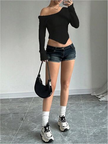 Milumia Women's Long Sleeve Off The Shoulder Sweaters Y2k Asymmetrical Hem Knitted Crop Tops in Saudi Arabia