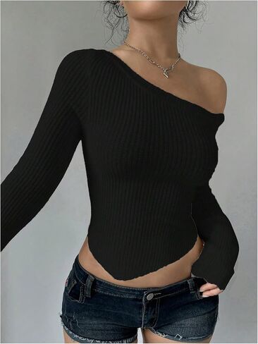 Milumia Women's Long Sleeve Off The Shoulder Sweaters Y2k Asymmetrical Hem Knitted Crop Tops in Saudi Arabia