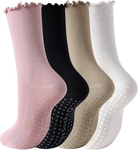 Yawlsow 4 Pairs Pilates Grip Socks for Women Cute Ruffle Frilly Yoga Socks Non Slip Cotton Crew Sports Sock for Barre Workout in Saudi Arabia