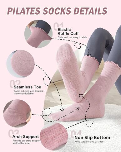 Yawlsow 4 Pairs Pilates Grip Socks for Women Cute Ruffle Frilly Yoga Socks Non Slip Cotton Crew Sports Sock for Barre Workout in Saudi Arabia