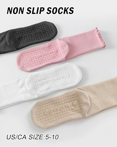 Yawlsow 4 Pairs Pilates Grip Socks for Women Cute Ruffle Frilly Yoga Socks Non Slip Cotton Crew Sports Sock for Barre Workout in Saudi Arabia