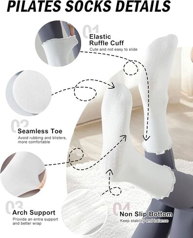 Yawlsow 4 Pairs Pilates Grip Socks for Women Cute Ruffle Frilly Yoga Socks Non Slip Cotton Crew Sports Sock for Barre Workout in Saudi Arabia
