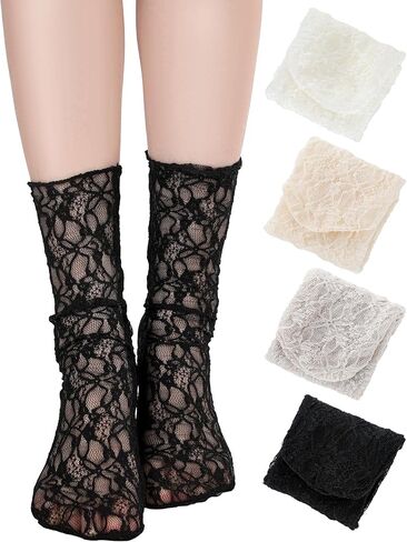 Geyoga 4 Pairs Women's Lace Ankle Socks Ruffle Frilly Mesh Loose Slouch High Socks for Women in Saudi Arabia