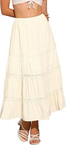 Allegra K Summer Maxi Skirt for Women's Elastic High Waist Lace Trim Flowy Tiered Long Skirts in Saudi Arabia