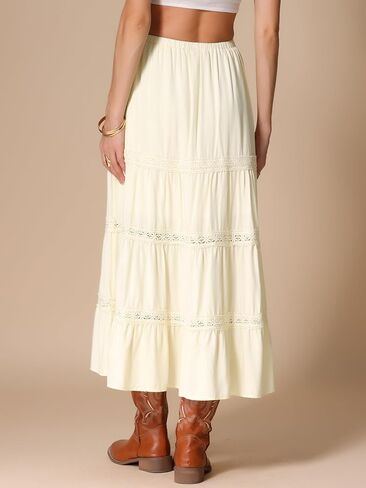 Allegra K Summer Maxi Skirt for Women's Elastic High Waist Lace Trim Flowy Tiered Long Skirts in Saudi Arabia