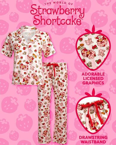 COCO BRANDS Womens Pajama Sets - 2 Piece Strawberry Shortcake Soft Stretch Button Down Sleep Shirt and Pajama Pants for Women in Saudi Arabia