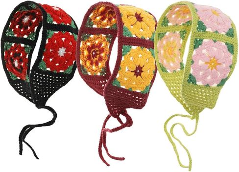 Mrotrida Women's Floral Crochet Headband Pastoral Style Knitted Hair Bandanas Elastic Crochet Headscarf in Kuwait