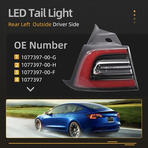 3 PIN Driver Side LED Tail Light Assembly, Rear Left Brake Outside Tail Lamp, for Tesla Model 3 2017 2018 2019 2020, OE# 1077397-00-H, 1077397-00-F, 1077397-00-G, 1077397 in Kuwait