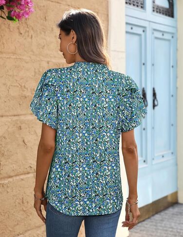 LOOKBOHO Womens Tops Dressy Casual Trendy Business Work Blouses Short Sleeve Ruffled V-Neck Tshirts in Kuwait