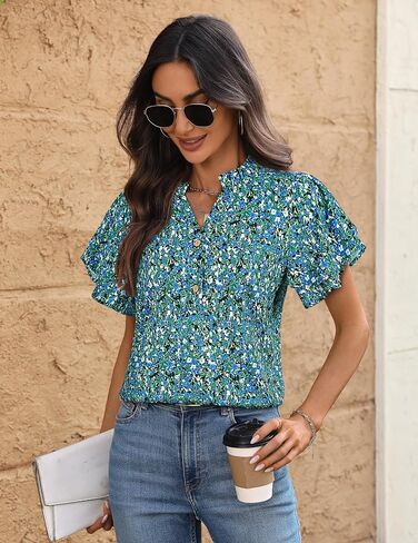 LOOKBOHO Womens Tops Dressy Casual Trendy Business Work Blouses Short Sleeve Ruffled V-Neck Tshirts in Kuwait