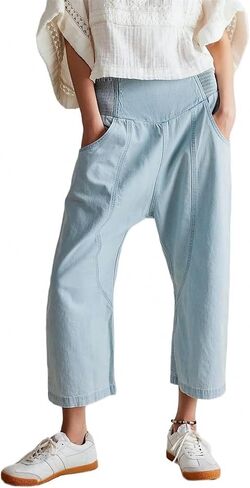 LifeShe Cropped Elastic Waist Jeans for Women Drop Crotch Jeans Low Rise Wide Leg Denim Harem Pants in Saudi Arabia