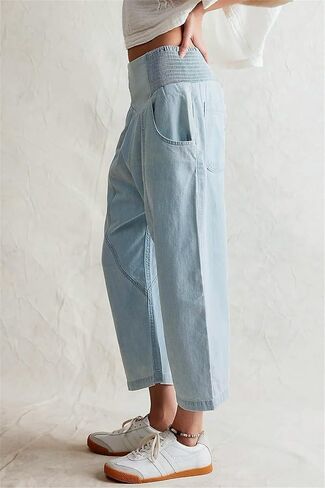 LifeShe Cropped Elastic Waist Jeans for Women Drop Crotch Jeans Low Rise Wide Leg Denim Harem Pants in Saudi Arabia