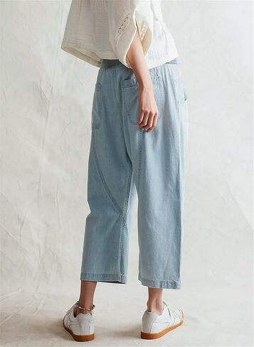 LifeShe Cropped Elastic Waist Jeans for Women Drop Crotch Jeans Low Rise Wide Leg Denim Harem Pants in Saudi Arabia