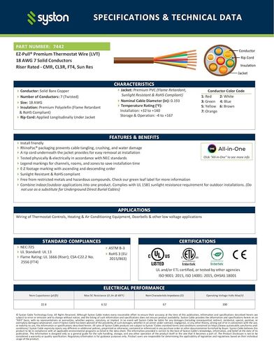 سلك كابل التحكم في التدفئة Syston 18/2 ترموستات HAVC، موصلات نحاسية صلبة 100% CL3R/FT4/CMR مصنفة ضمن قائمة UL/ETL، مقاومة للأشعة فوق البنفسجية RoHS للاستخدام في تطبيقات الجهد المنخفض في الأماكن المغلقة/الخارجية in Kuwait