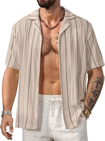 Mens Summer Striped Shirts Casual Cuban Shirt Texture Button Down Shirts for Beach Vacation (S-XXL) in Saudi Arabia